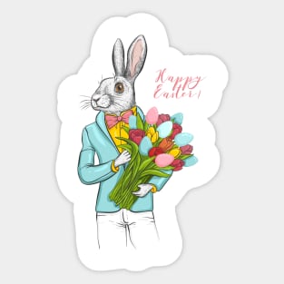 Happy Easter rabbit hipster with flowers and eggs Sticker